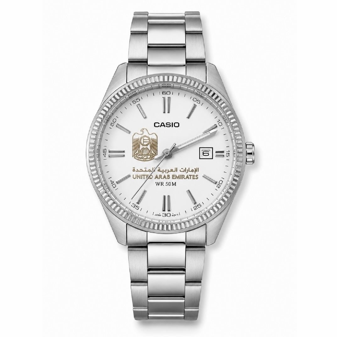 كاسيو إليغانت سلفر – مينا أبيض | تصميم الإمارات
Casio Elegant Silver – White Dial | UAE Design