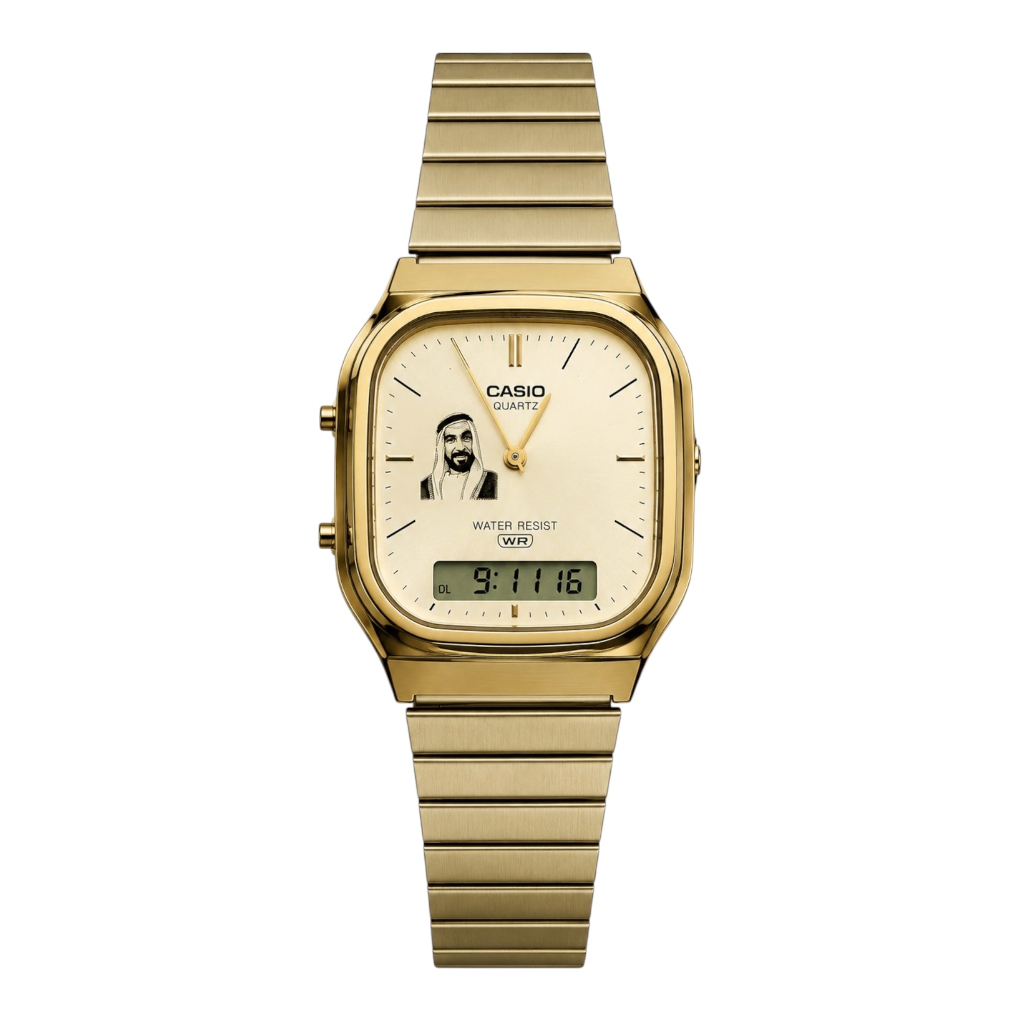 كاسيو فينتج ذهبي – مينا ذهبي |تصميم  الشيخ زايد
Casio Vintage Gold – Gold Dial | Sheikh Zayed Edition