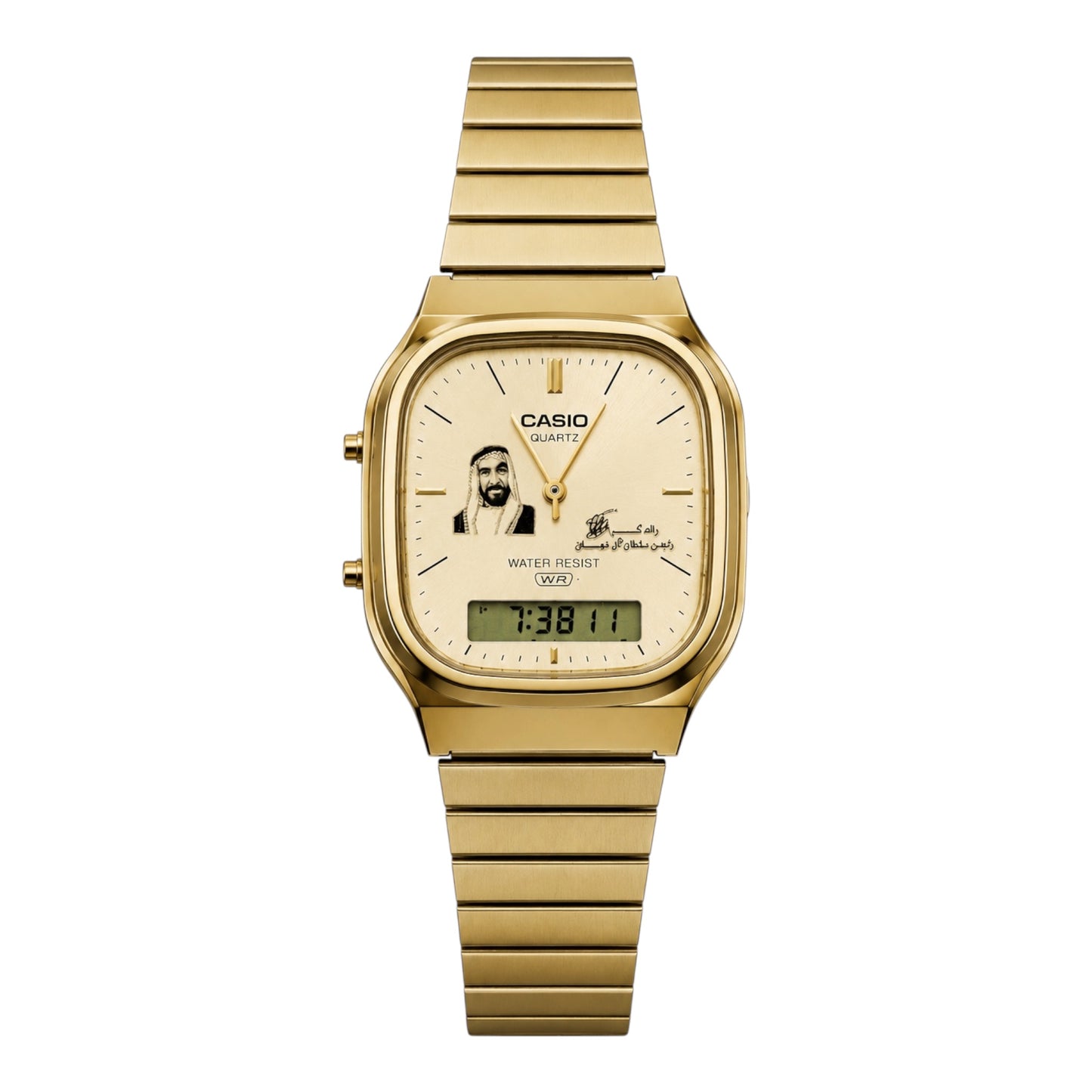 كاسيو فينتج ذهبي – مينا ذهبي |تصميم صورة الشيخ زايد مع التوقيع:
Casio Vintage Gold – Gold Dial | Sheikh Zayed Signature Edition