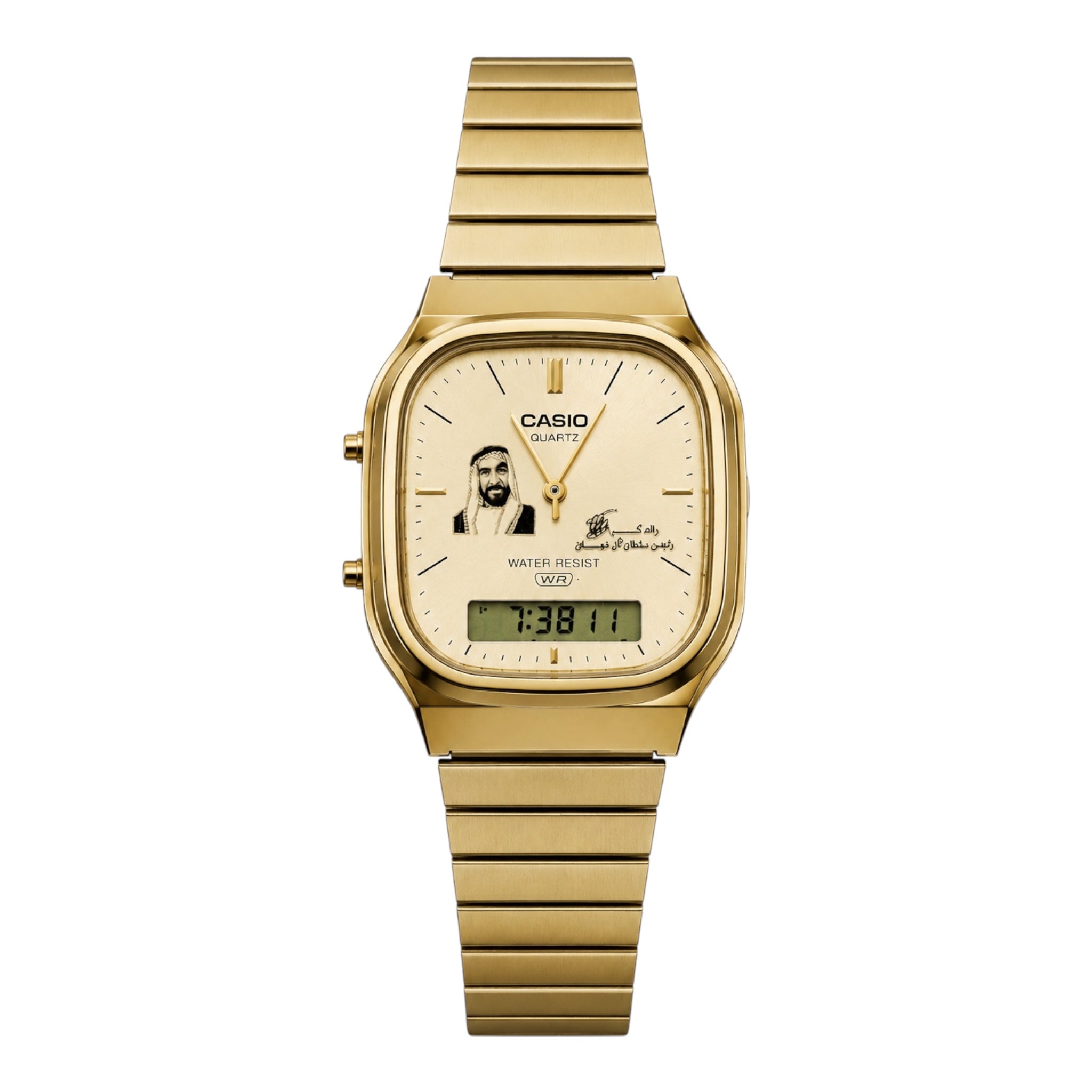 كاسيو فينتج ذهبي – مينا ذهبي |تصميم صورة الشيخ زايد مع التوقيع:
Casio Vintage Gold – Gold Dial | Sheikh Zayed Signature Edition