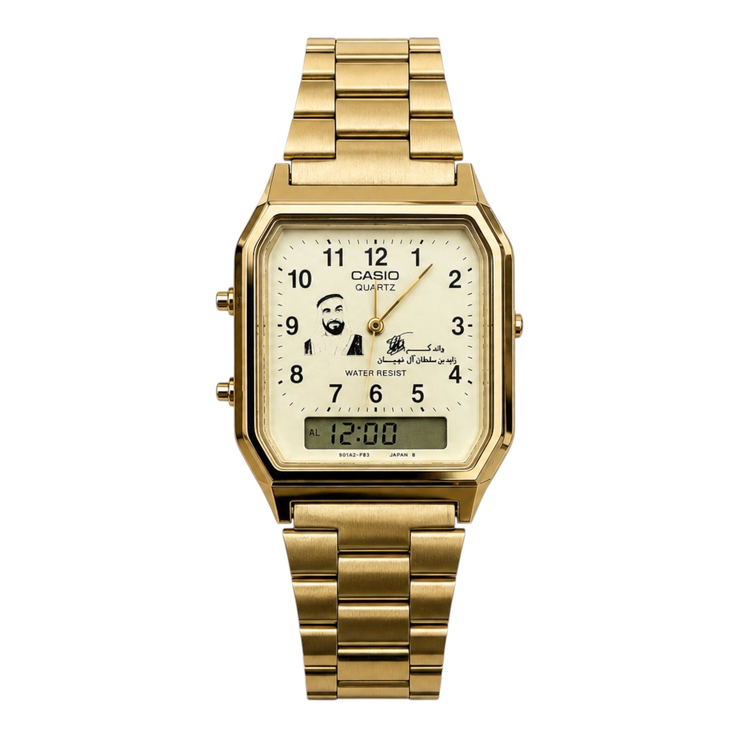 كاسيو فينتج ذهبي – مينا ذهبي بأرقام |تصميم  الشيخ زايد مع توقيع 
Casio Vintage Gold – Gold Number Dial | Sheikh Zayed With a signature Edition