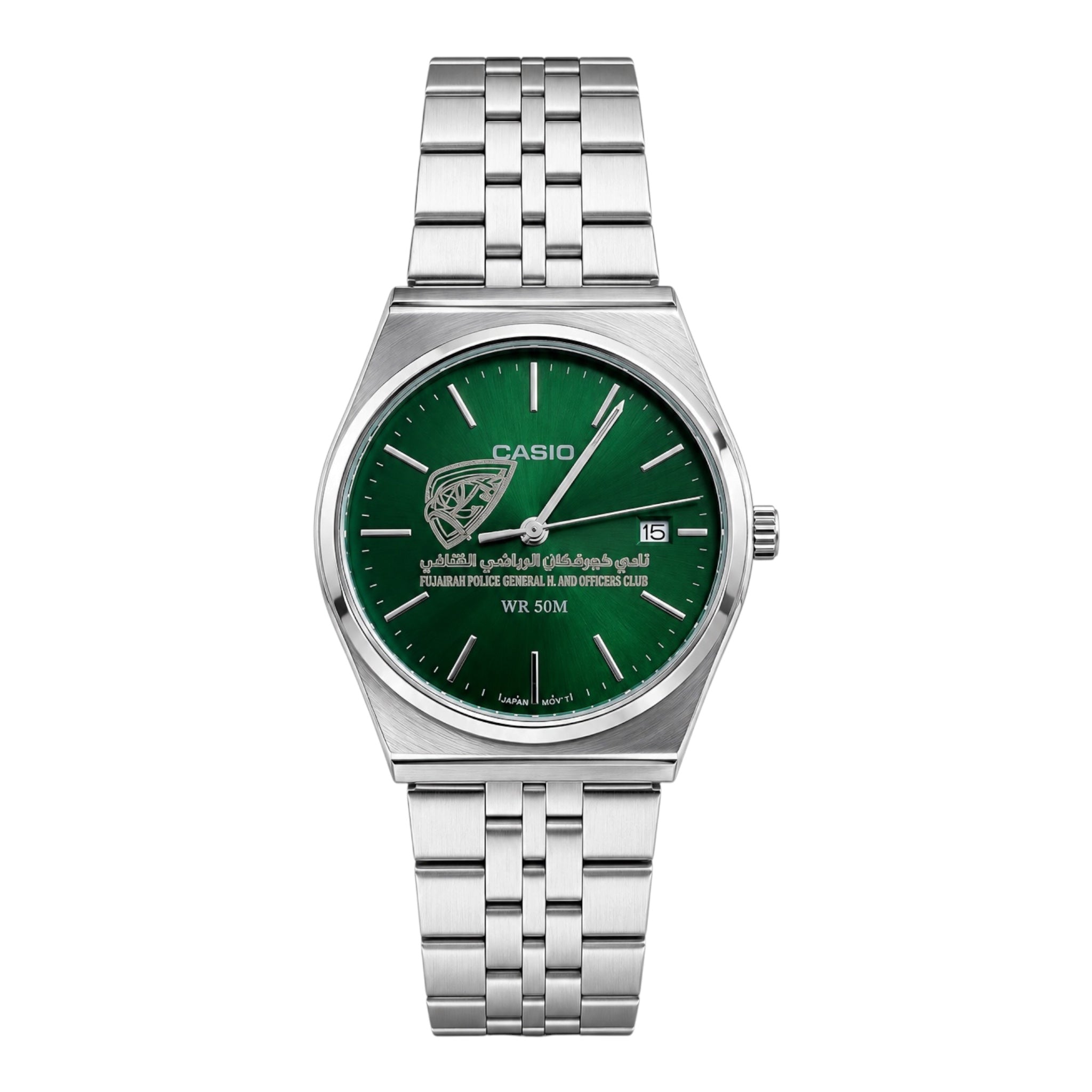 كاسيو سلفر – مينا أخضر | نادي خورفكان الرياضي الثقافي
Casio Silver – Green Dial | Khorfakkan Sports & Cultural Club Edition