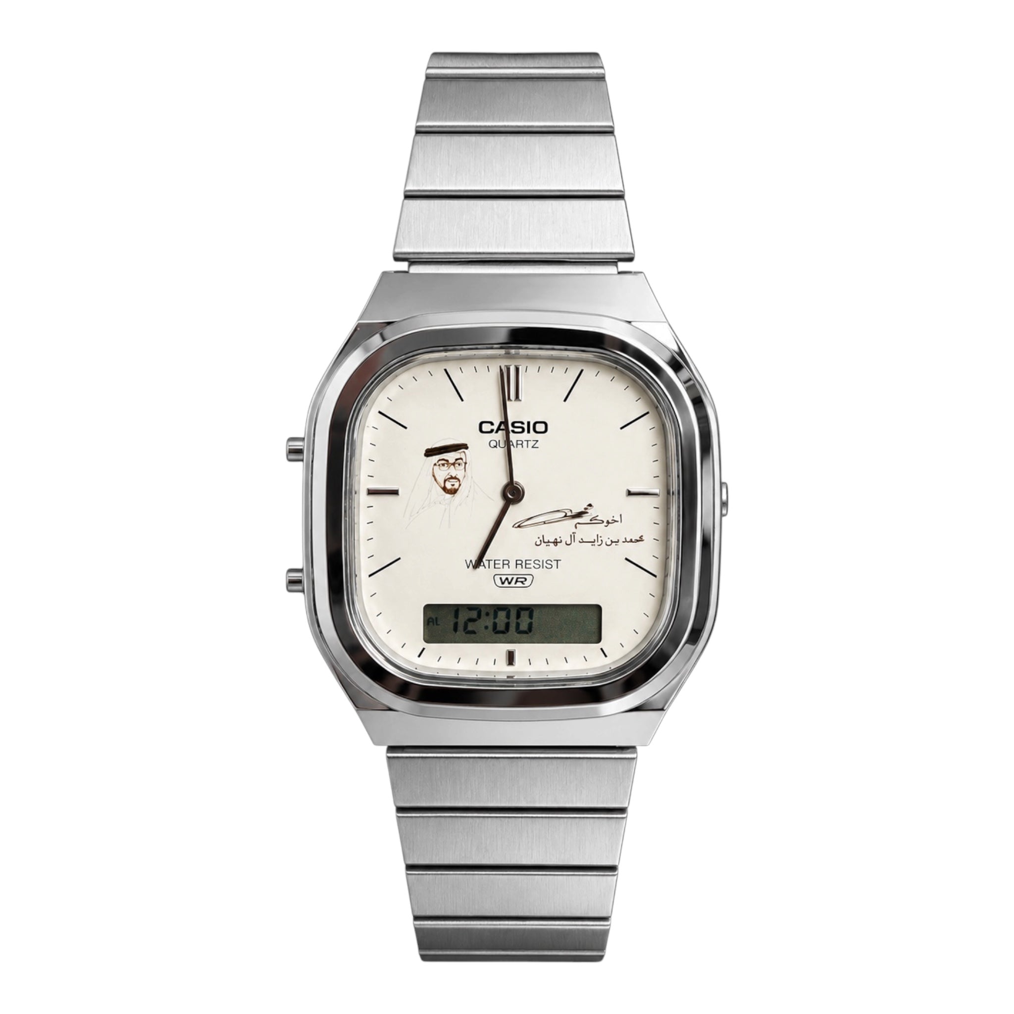 كاسيو فينتج سلفر – مينا أبيض | تصميم الشيخ محمد بن زايد مع التوقيع
Casio Vintage Silver – White Dial | Sheikh Mohamed bin Zayed Signature Edition