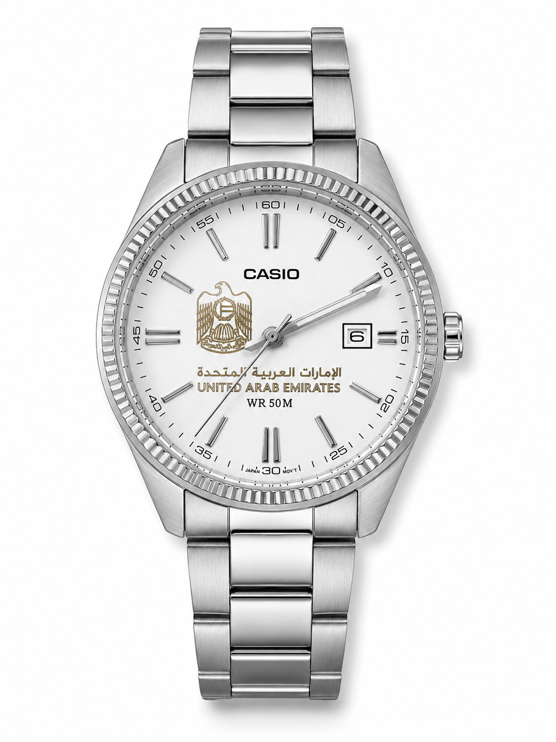 كاسيو إليغانت سلفر – مينا أبيض | تصميم الإمارات
Casio Elegant Silver – White Dial | UAE Design