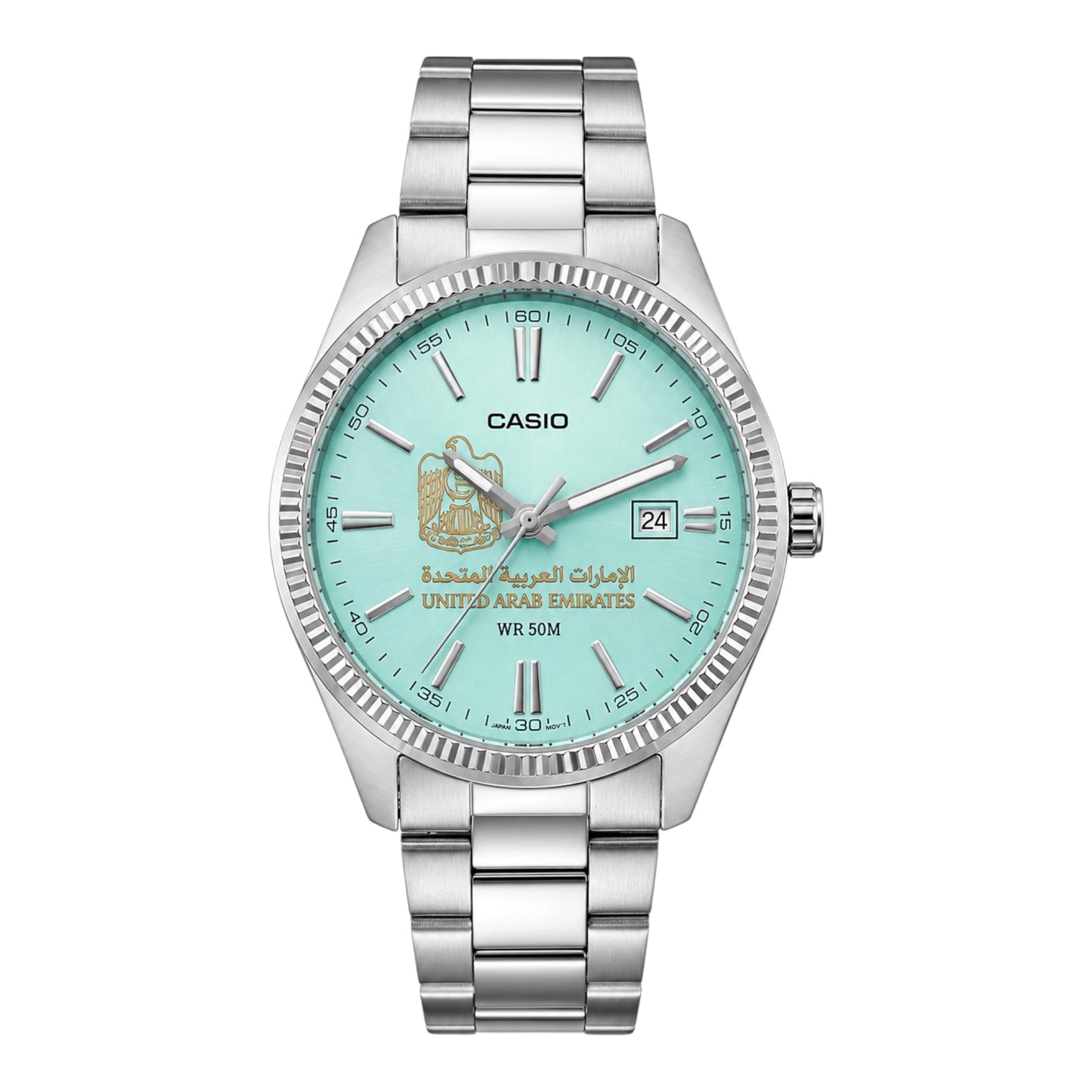 كاسيو رويال سلفر – مينا تركواز | تصميم الإمارات
Casio Royal Silver – Turquoise Dial | UAE Design