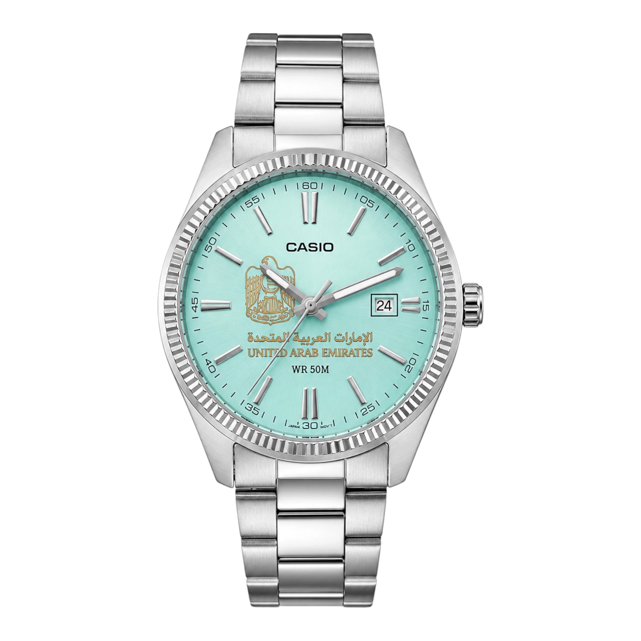 كاسيو رويال سلفر – مينا تركواز | تصميم الإمارات
Casio Royal Silver – Turquoise Dial | UAE Design
