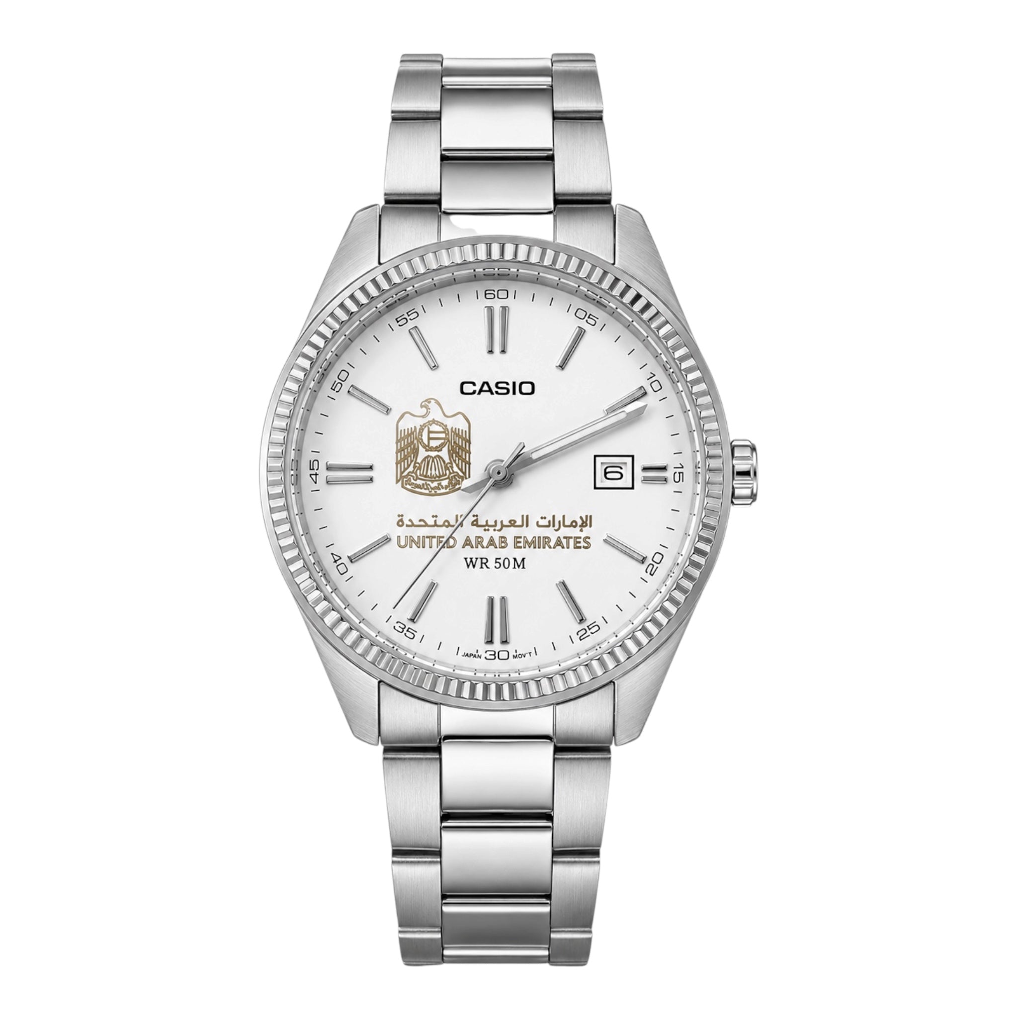 كاسيو إليغانت سلفر – مينا أبيض | تصميم الإمارات
Casio Elegant Silver – White Dial | UAE Design