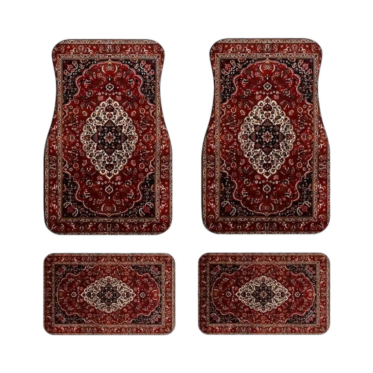 طقم مفارش سيارة بتصميم  هندسي أحمر وبيج | 4قطع يناسب لجميع السيارات Vintage Moroccan