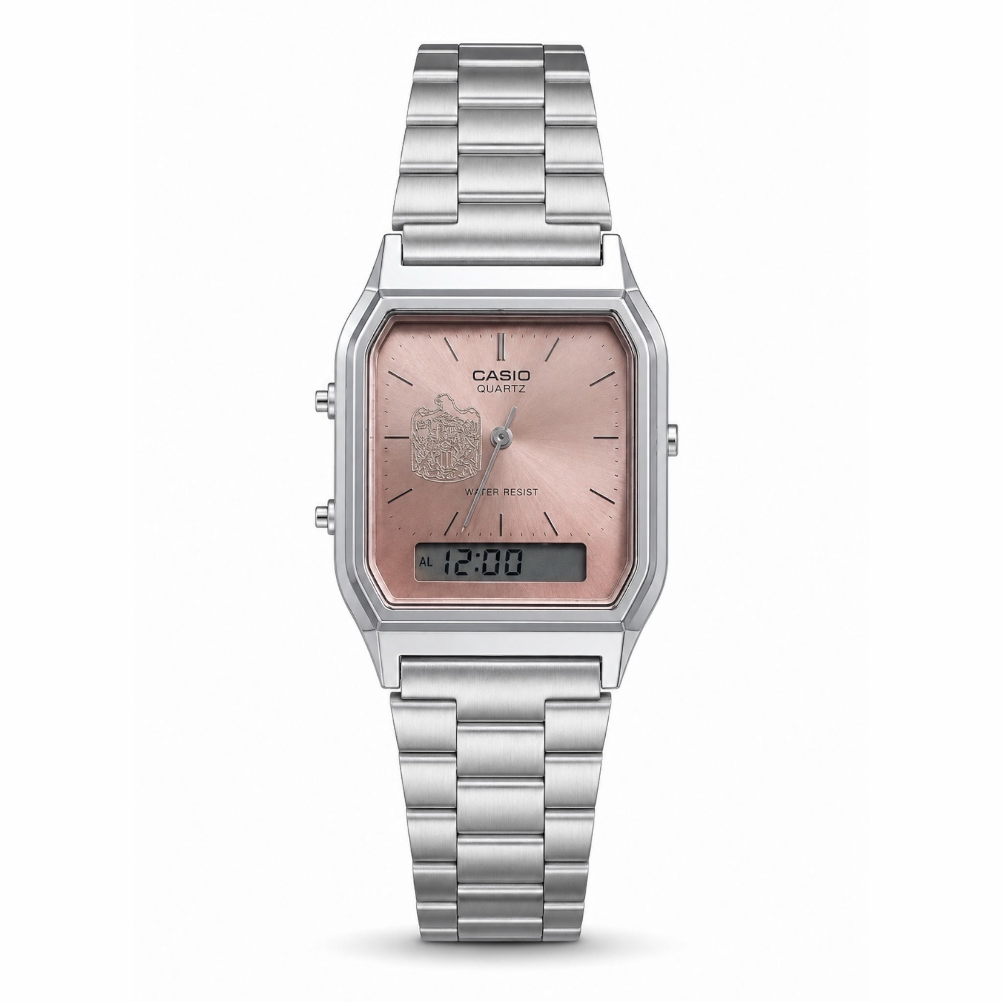 كاسيو كلاسيك سلفر – مينا Rose Pink | تصميم شعار الإمارات
Casio Classic Silver – Rose Pink Dial | UAE Emblem Edition