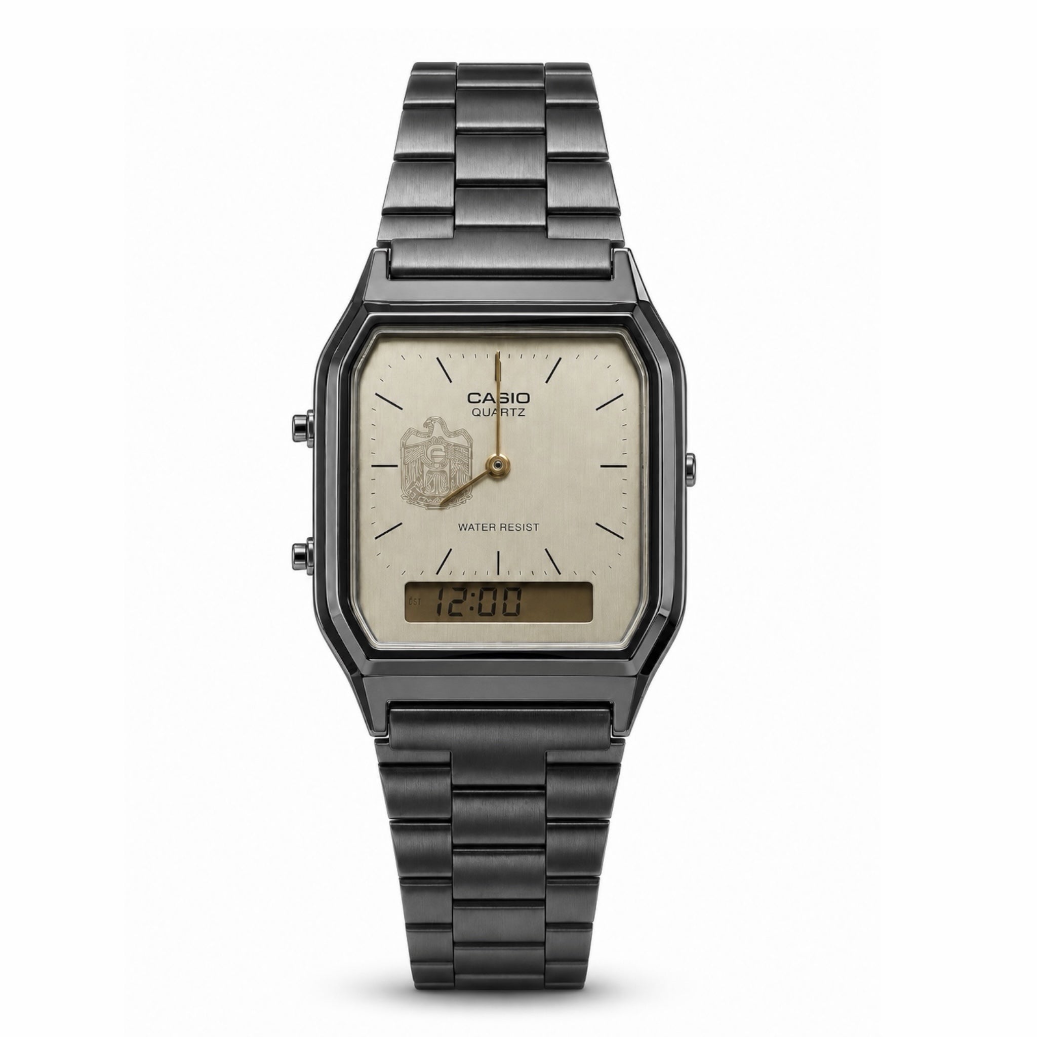 كاسيو كلاسيك Gunmetal – مينا Ivory | تصميم شعار الإمارات
Casio Classic Gunmetal – Ivory Dial | UAE Emblem Edition