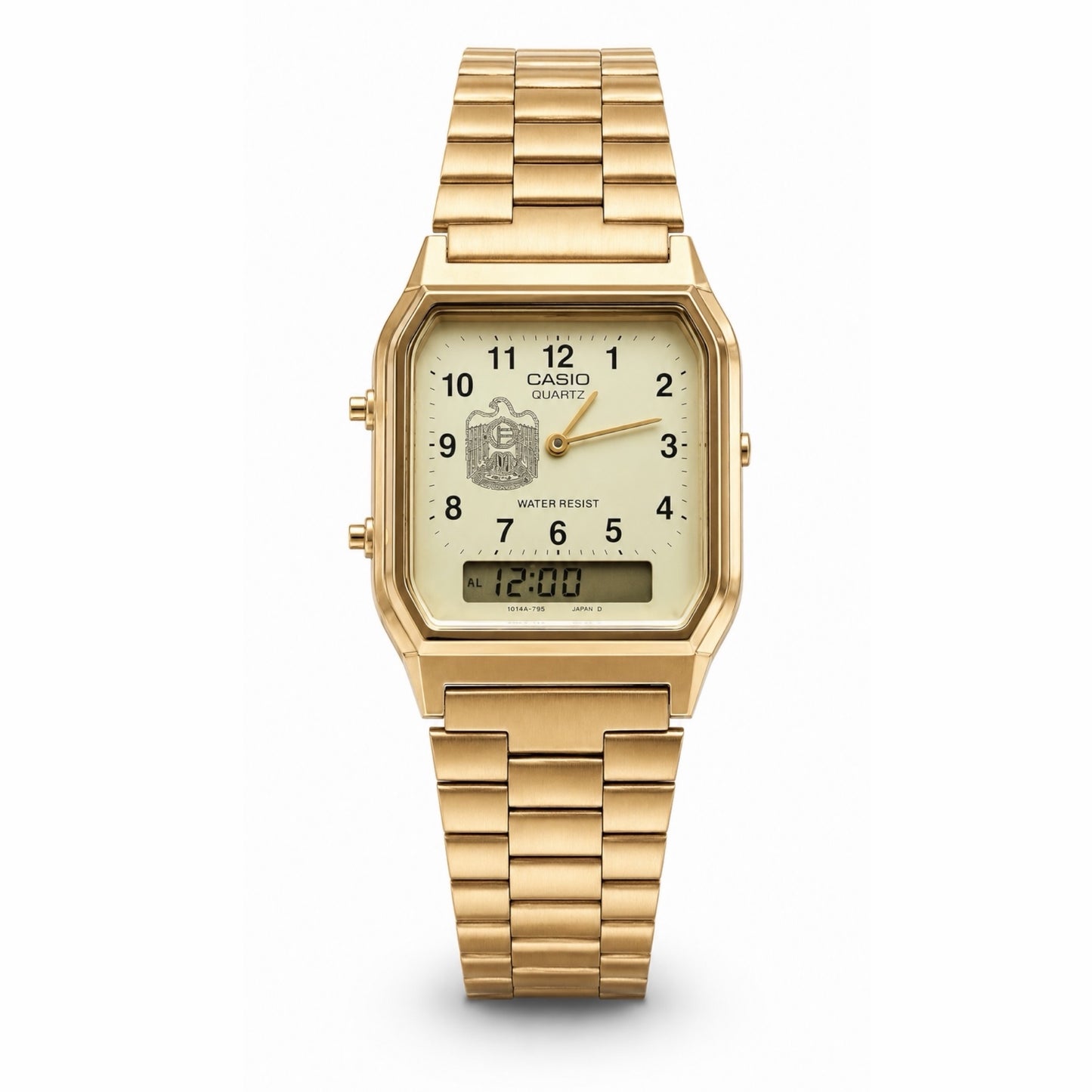كاسيو كلاسيك ذهبي – مينا شامبين | تصميم شعار الإمارات
Casio Classic Gold – Champagne Dial | UAE Emblem Edition