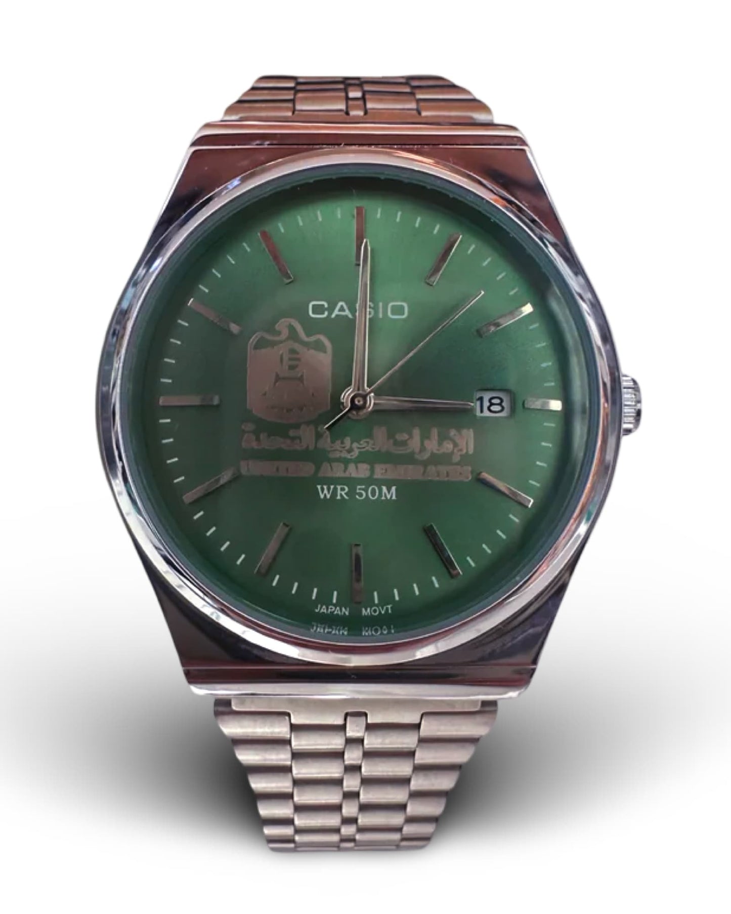 كاسيو سلفر – مينا أخضر | إصدار الإمارات
Casio Silver – Green Dial | UAE Edition