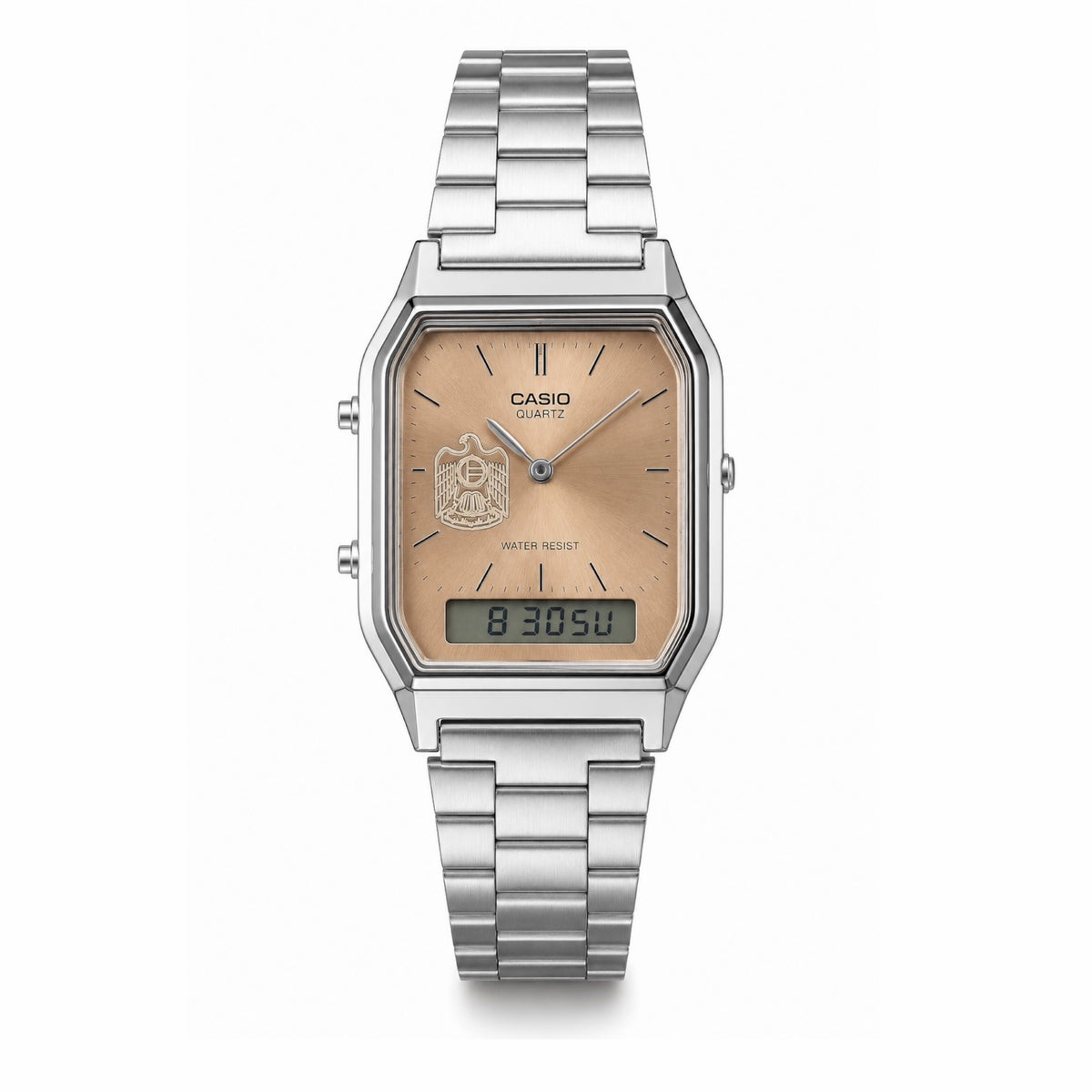 كاسيو كلاسيك سلفر – مينا شمبانيا فاتح | تصميم شعار الإمارات
Casio Classic Silver –Champagne Gold Dial | UAE Emblem Edition