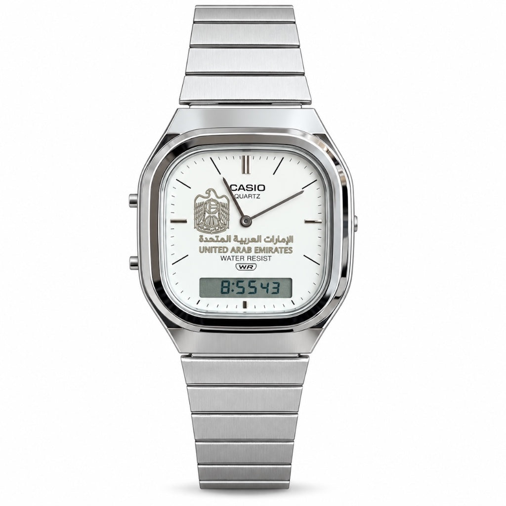 كاسيو فينتج سلفر – مينا أبيض | شعار الإمارات 
Casio Vintage Silver – White Dial | UAE Emblem –Editio
