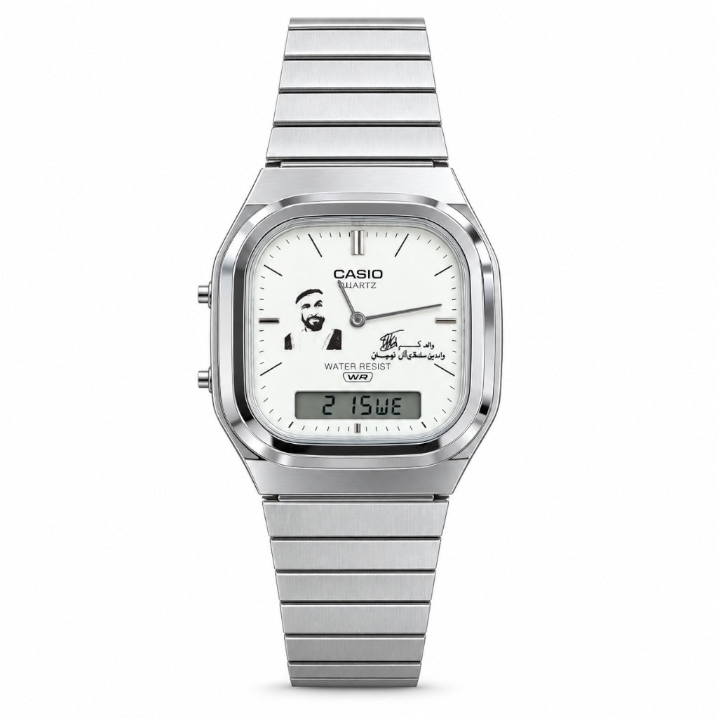 Casio Sheikh Zayed Square Silver – Private Collection | Ana-Digi   كاسيوالشيخ زايد سكوير فضي – مع توقيع  برايفت كوليكشن | أنالوغ ورقمي