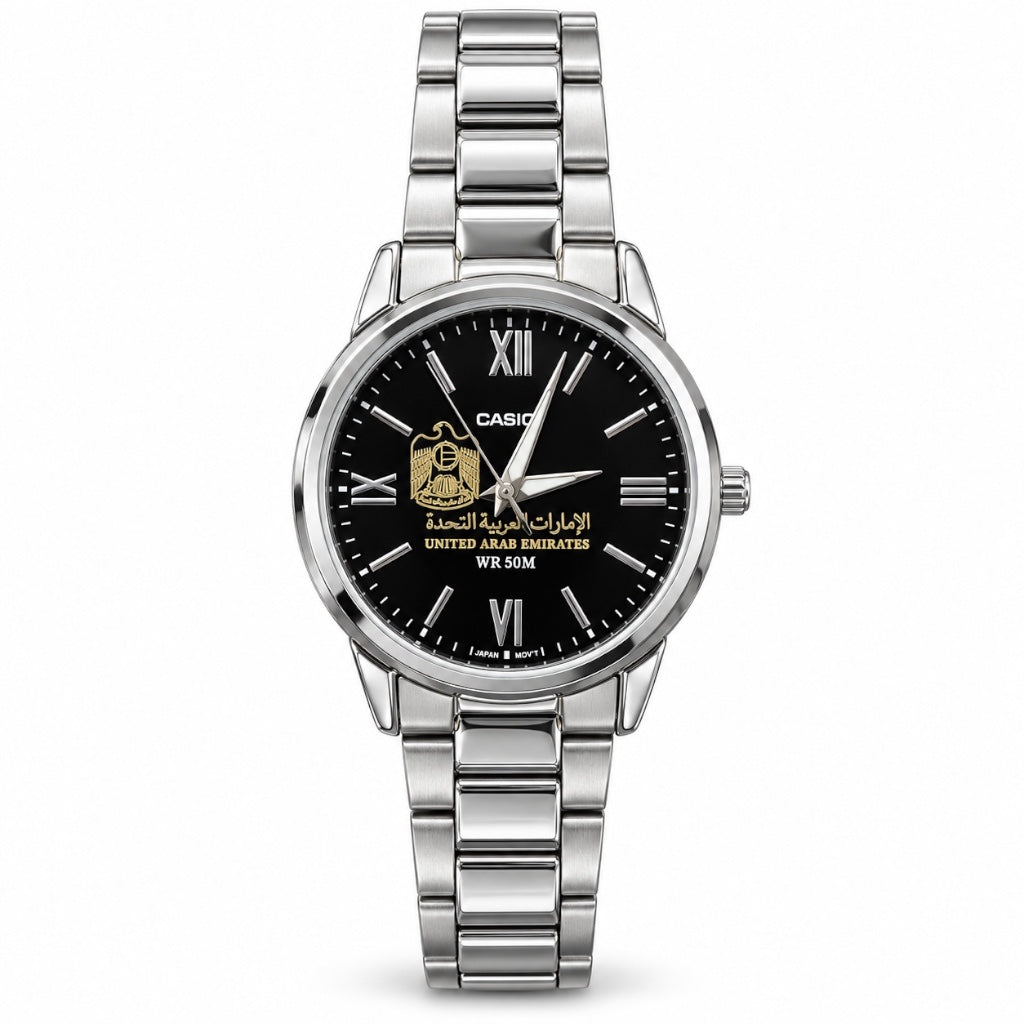 كاسيو نسائي سلفر – مينا أسود | إصدار الإمارات
Casio Women Silver – Black Dial | UAE Edition