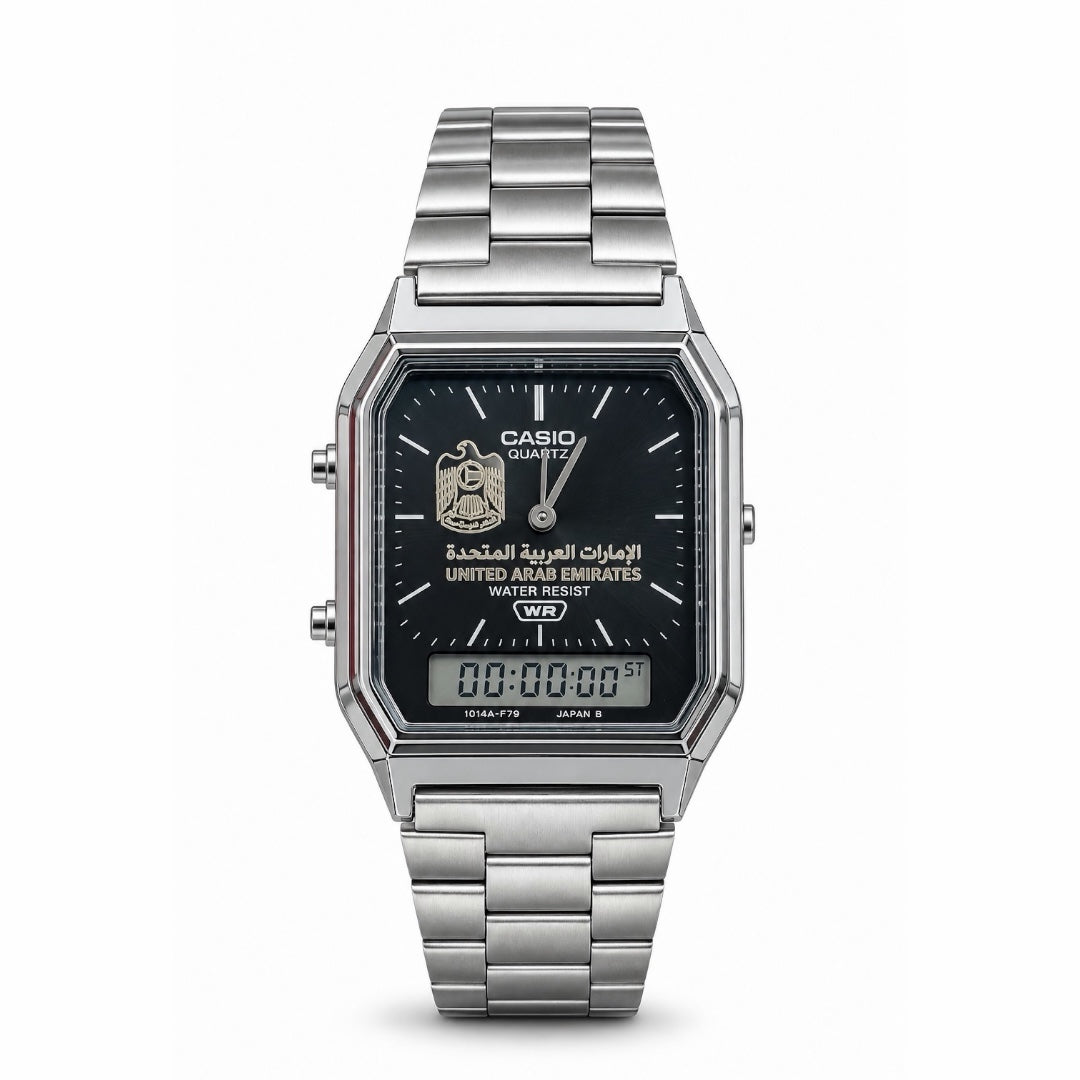 كاسيو كلاسيك سلفر – مينا أسود | تصميم شعار الإمارات
Casio Classic Silver – Black Dial | UAE Emblem Edition