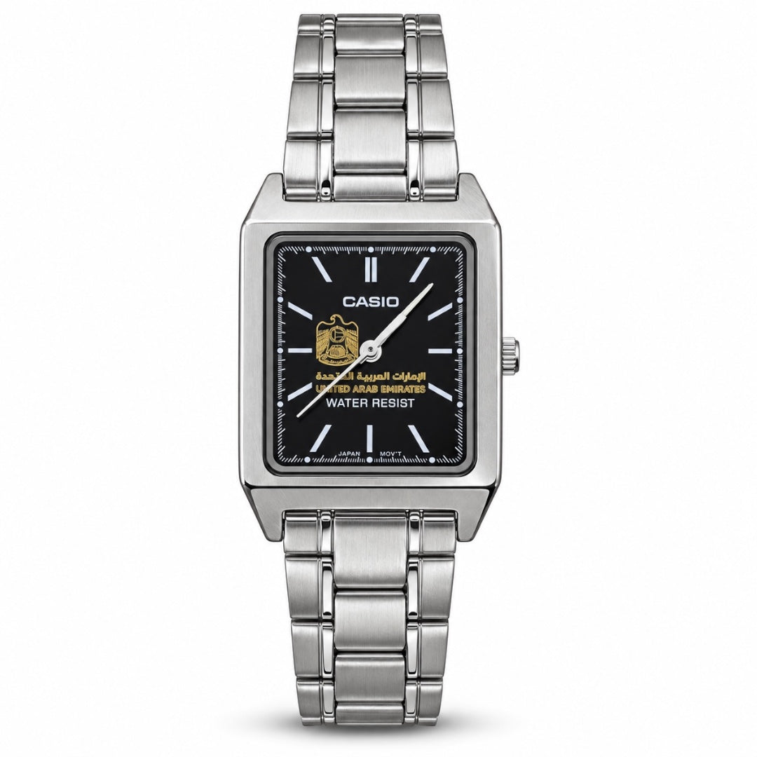 كاسيو سكوير سلفر نسائية – مينا أسود | تصميم الإمارات
Casio Square Silver woman– Black Dial | UAE Edition