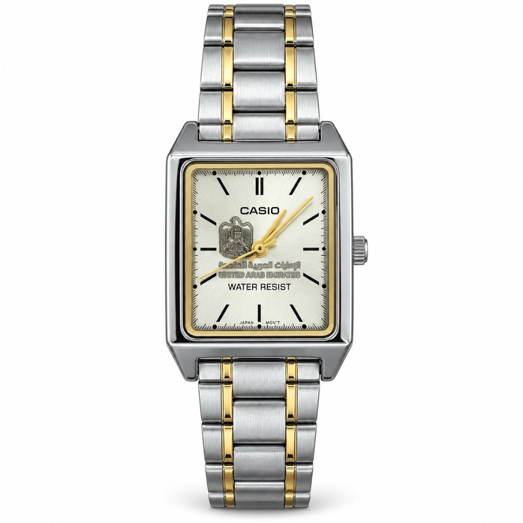 كاسيو سكوير سلفر وذهبي نسائية– مينا شامبين | تصميم الإمارات
Casio Square woman Two-Tone Silver & Gold – Champagne Dial | UAE Edition
