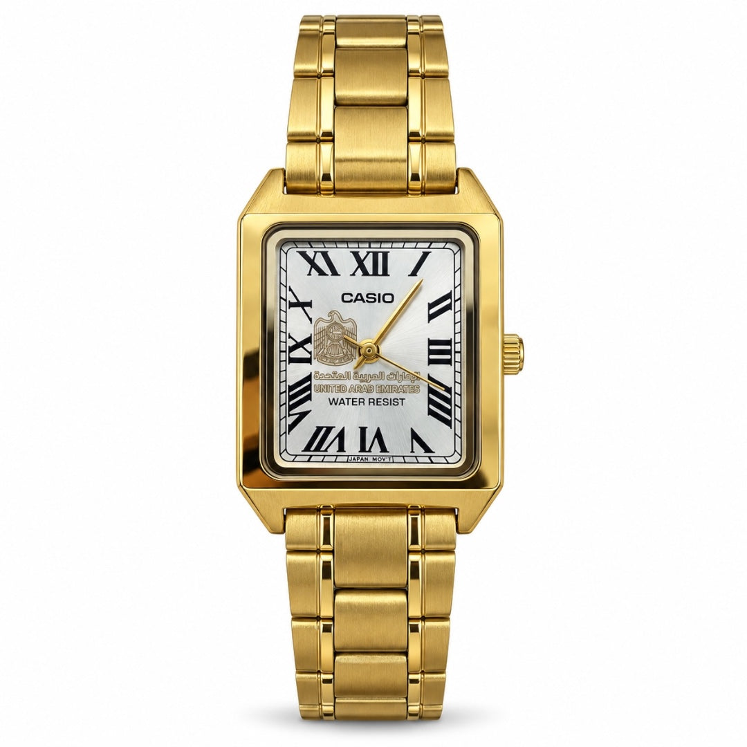 كاسيو رومان سكوير ذهبي نسائي – مينا فضي | تصميم الإمارات
Casio Roman Square Gold woman– Silver Dial | UAE Edition