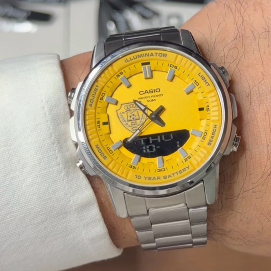 كاسيو  سبورت سلفر – مينا أصفر | إصدار نادي الوصل
Curse sport Silver – Yellow Dial | Al Wasl FC Edition