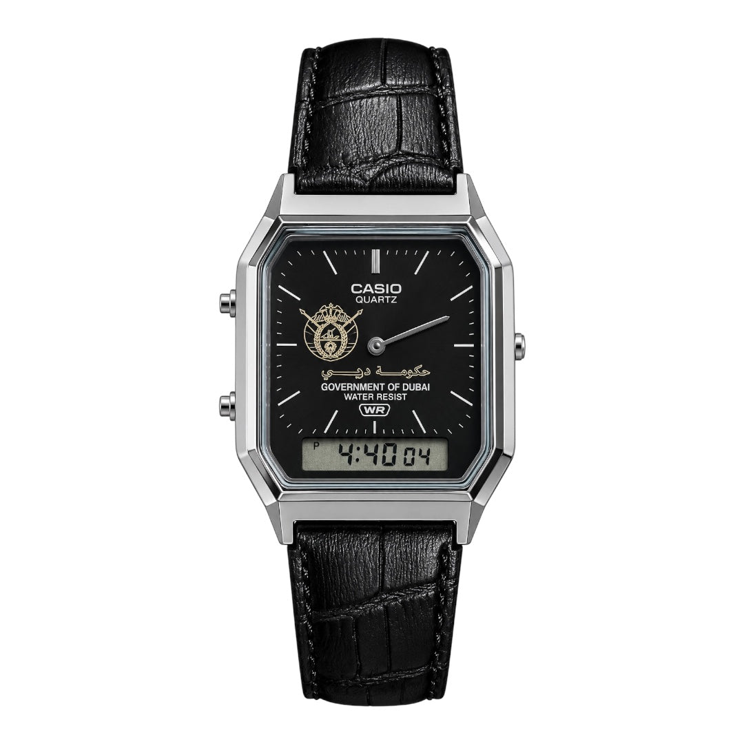 كاسيو فينتاج سكوير سلفر – مينا أسود وسوار جلد تصميم حكومة دبي
Casio Vintage Square Silver – Black Dial & Leather Strap | Dubai Government Edition