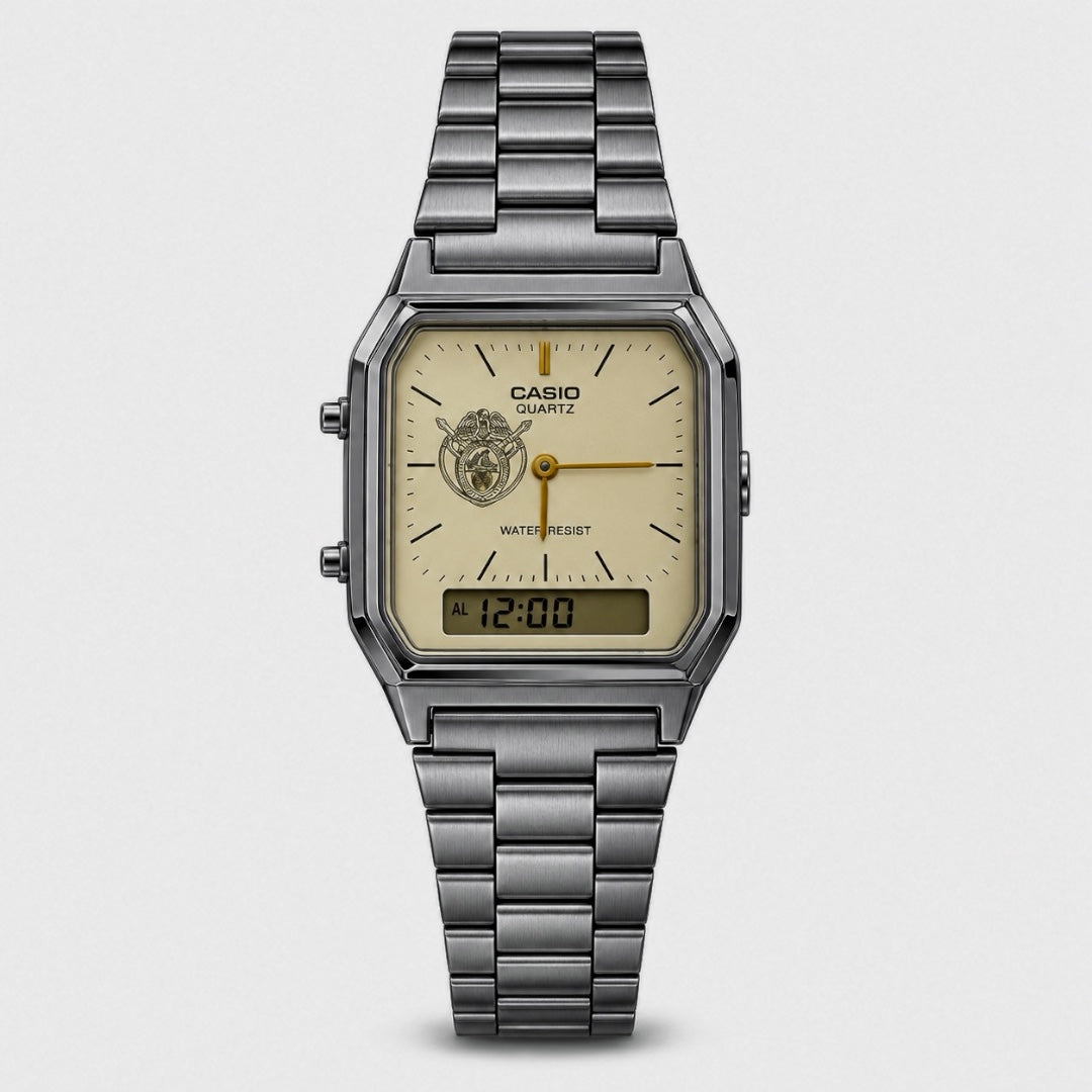 كاسيو كلاسيك Gunmetal – مينا Ivory | تصميم شعار دبي  Casio Classic Gunmetal – Ivory Dial | Dubai Emblem Edition