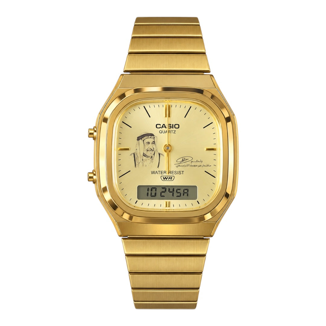 كاسيو ريترو جولد – مينا ذهبي | إصدار الشيخ سلطان مع التوقيع
Casio Retro Gold – Gold Dial | Sheikh Sultan Signature Edition