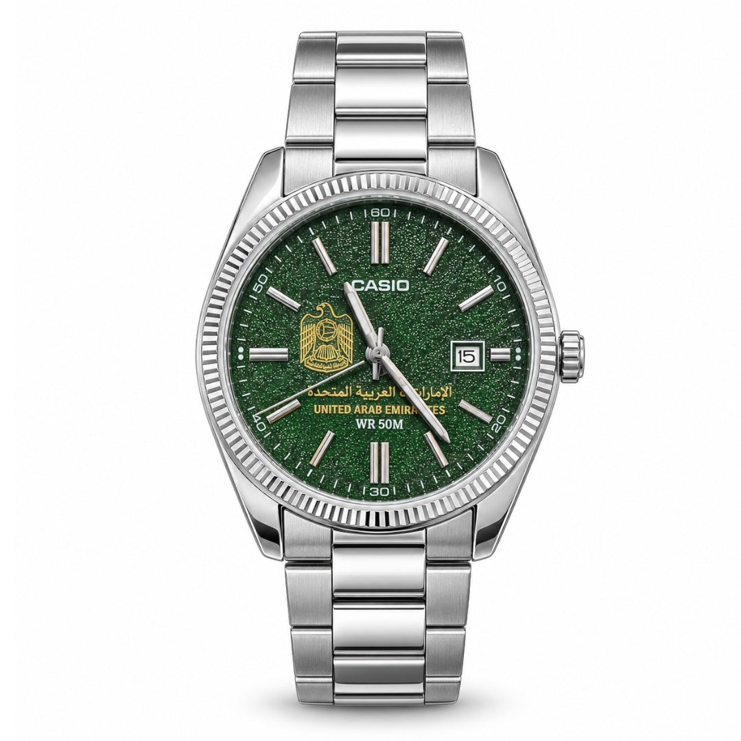 كاسيو رويال سلفر – مينا أخضر لامع | تصميم الإمارات
Casio Royal Silver – Sparkling Green Dial | UAE Edition