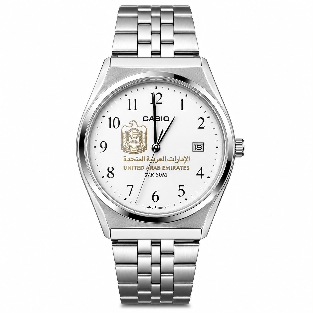 كاسيو كلاسيك سلفر – مينا أبيض بأرقام | إصدار الإمارات
Casio Classic Silver – White Number Dial | UAE Edition