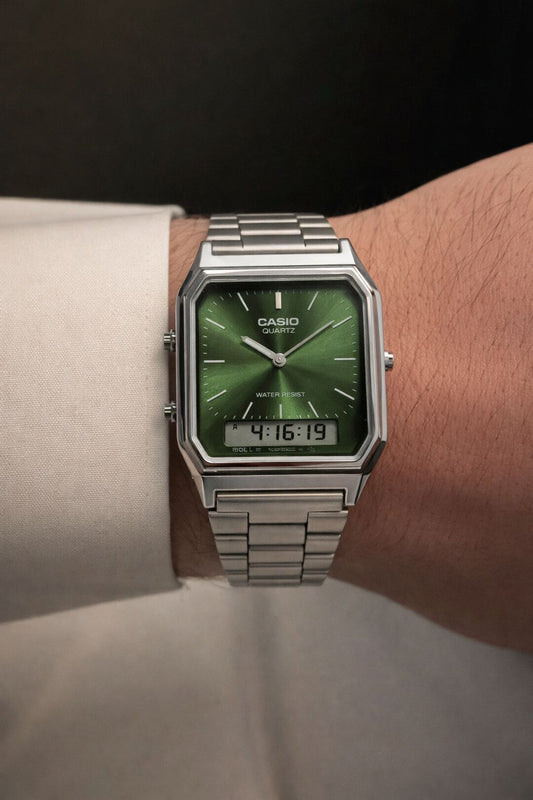 ساعة كاسيو كلاسيك بعقارب وشاشة رقمية – فضي بميناء أخضر Casio Classic Square Dual Display Watch – Silver with Green Dial