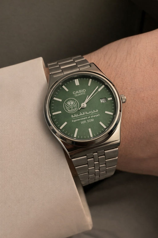 ساعة كاسيو سلفر – مينا اخضر | إصدار الشارقة  Casio MTP-B145 Silver Watch – Green Dial |Sharjah Special Edition