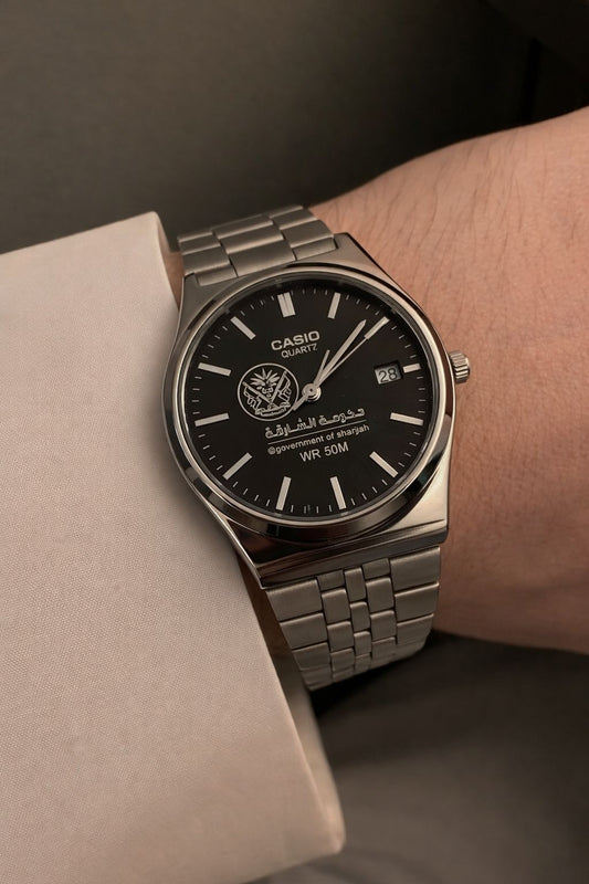 ساعة كاسيو سلفر – مينا اسود  | إصدار الشارقة  Casio MTP-B145 Silver Watch – Black Dial |Sharjah Special Edition