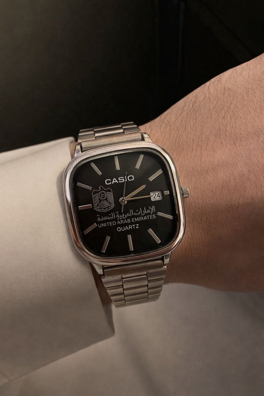 ساعة كاسيو فضية – مينا اسود إصدار شعار الإمارات | Casio Silver Watch – Black Dial UAE Emblem Edition | Official Casio Quartz