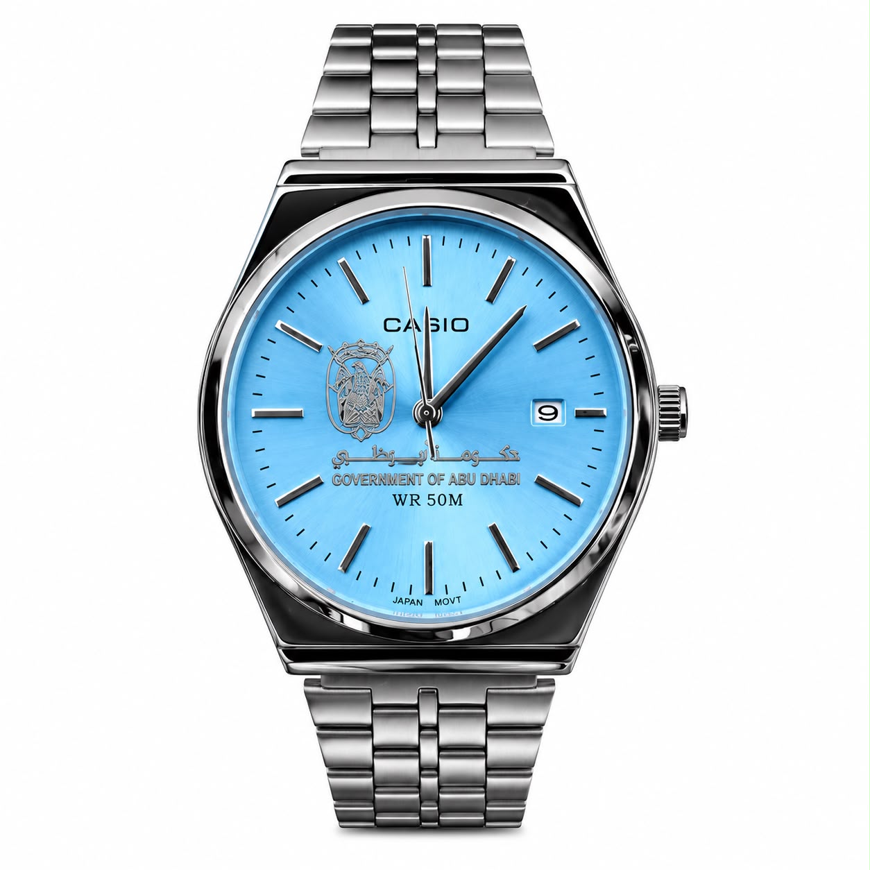 كاسيو سلفر – مينا سماوي | إصدار أبوظبي
Casio Silver – Light Blue Dial | Abu Dhabi Edition
