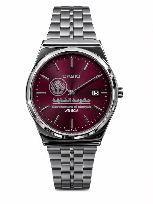 كاسيو سلفر – مينا عنابي | إصدار الشارقة
Casio Silver – Burgundy Dial | Sharjah Edition
